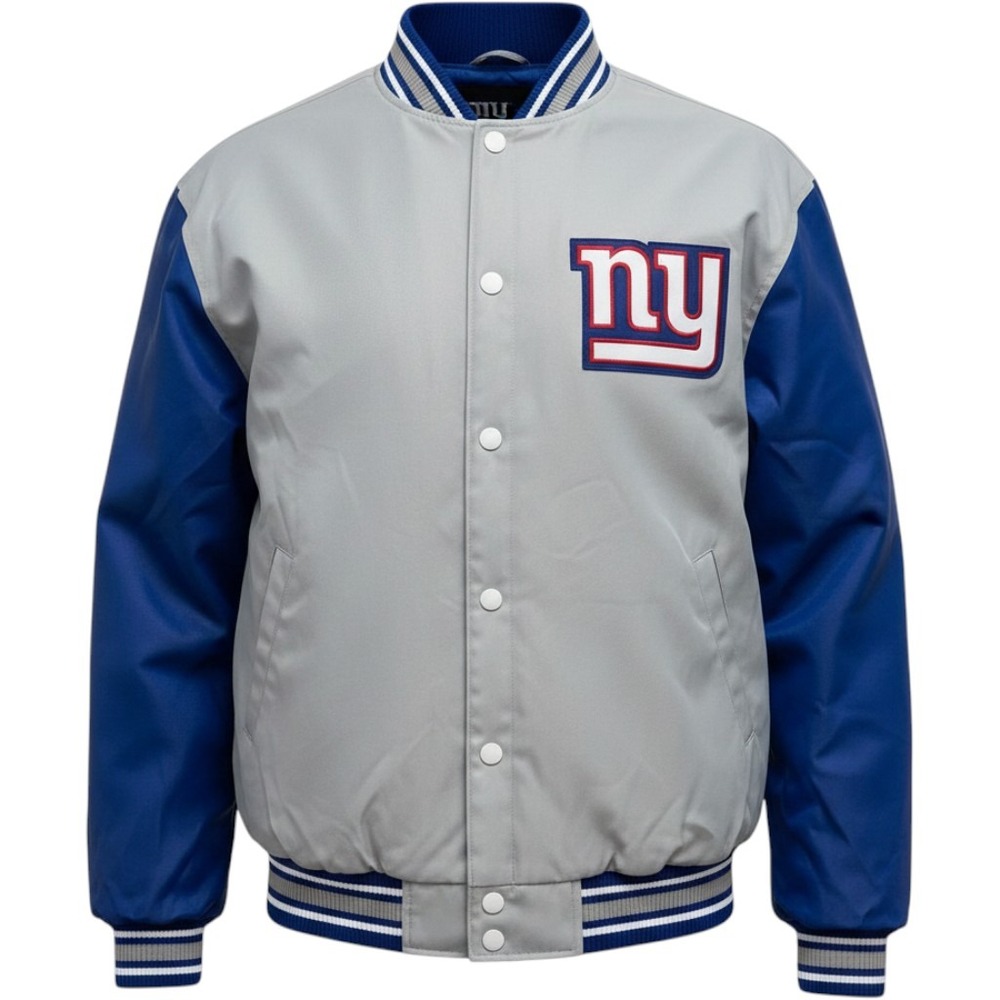 NFL Team Apparel New York Giants Varsity Jacket Grey Blue‎ Mens 2XL Snap Front